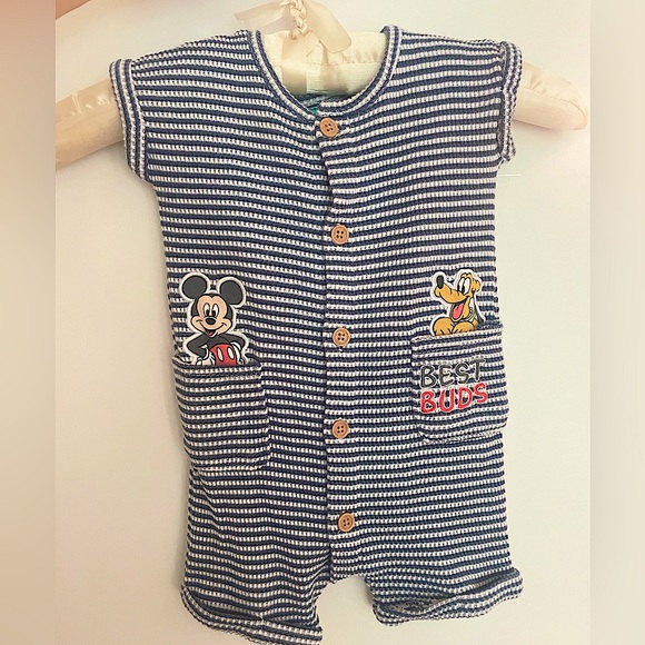 Disney Other - Disney Baby Romper with Mickey and Pluto, Ribbed Striped 3/6M